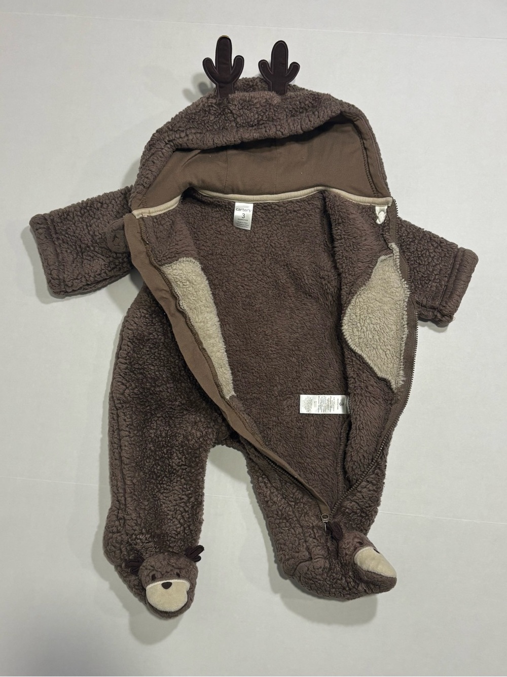 Carter's Reindeer Hooded Fleece Zip One-Piece Coverall Brown/Beige size 3 months - Picture 5 of 7
